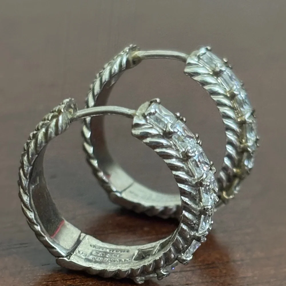 Judith Ripka Sterling Silver 925 Princess Cut Cubic Zirconia Hoop Earrings - Picture 2 of 7